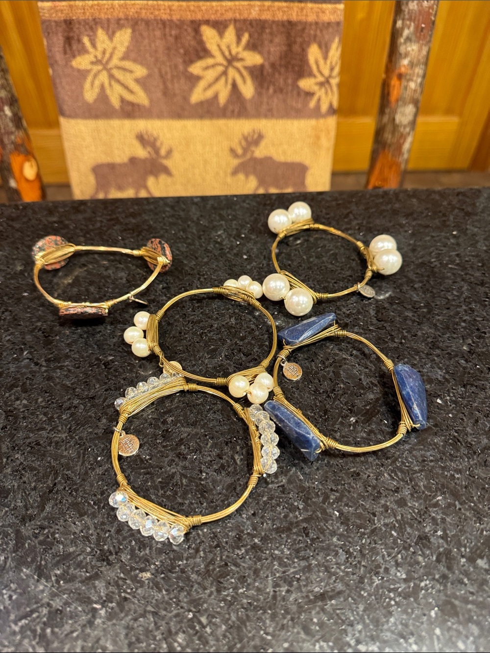 Bourbon and bowtie Pearl & Blue Stone Stackable Bracelet Set of 5